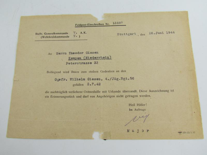 Wehrmacht Field Post to Father of a Fallen Soldier 1944