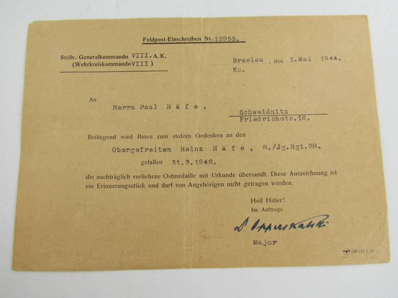 Wehrmacht Field Post to Father of a Fallen Soldier 1944