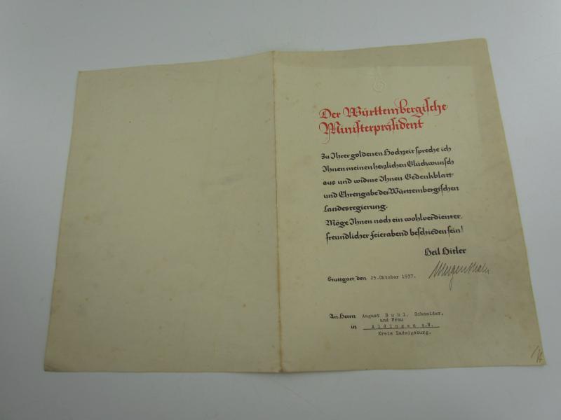 Third Reich Golden Wedding Anniversary Award Grouping 1937