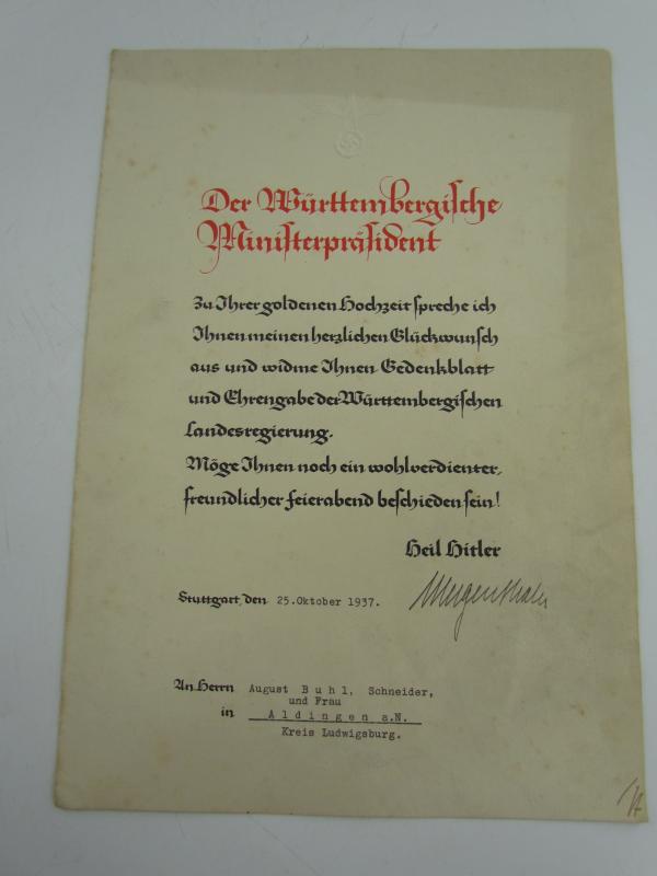 Third Reich Golden Wedding Anniversary Award Grouping 1937
