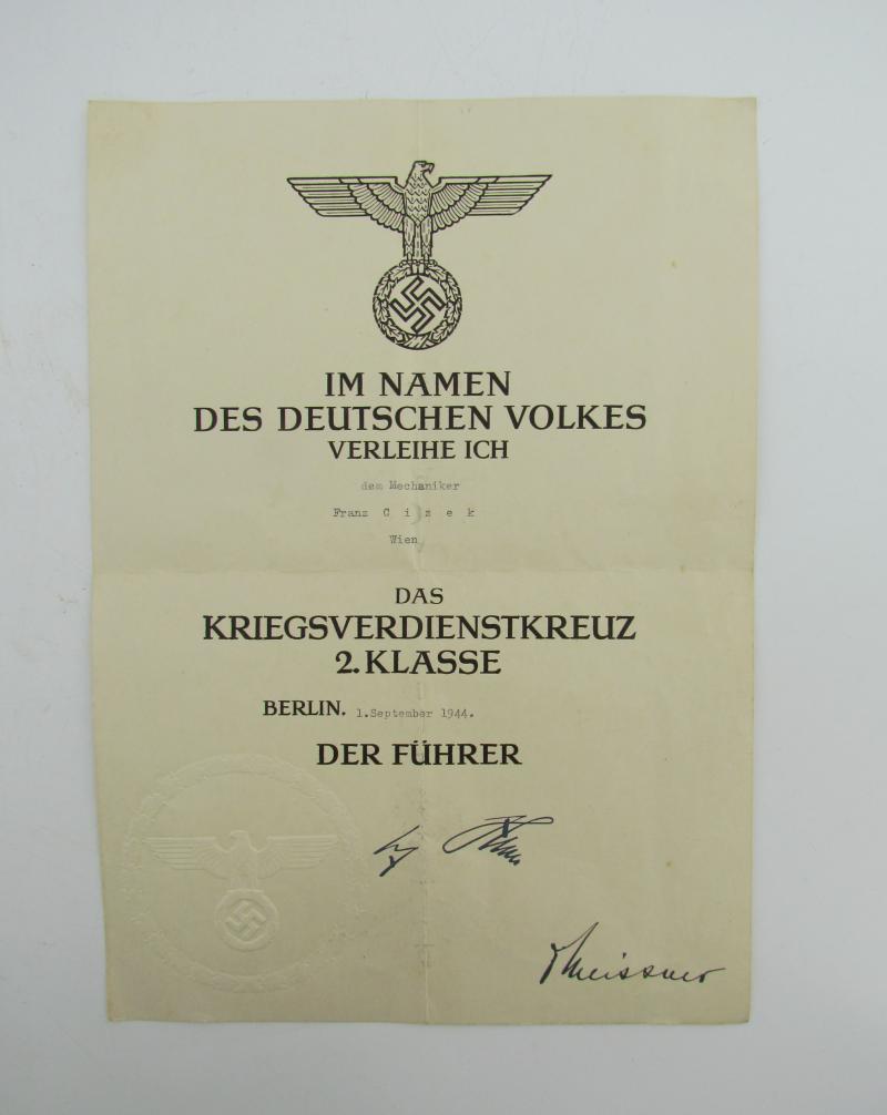 War Merit Cross 2nd Class Award Document