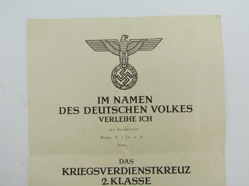 War Merit Cross 2nd Class Award Document