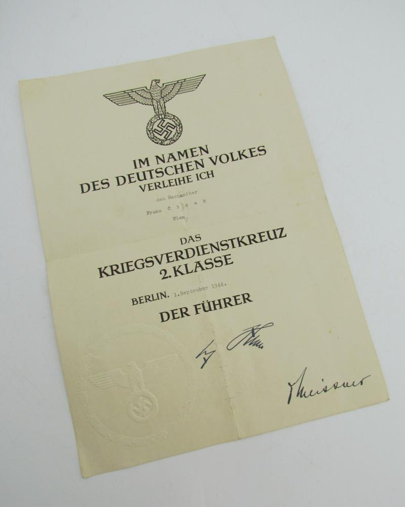 War Merit Cross 2nd Class Award Document