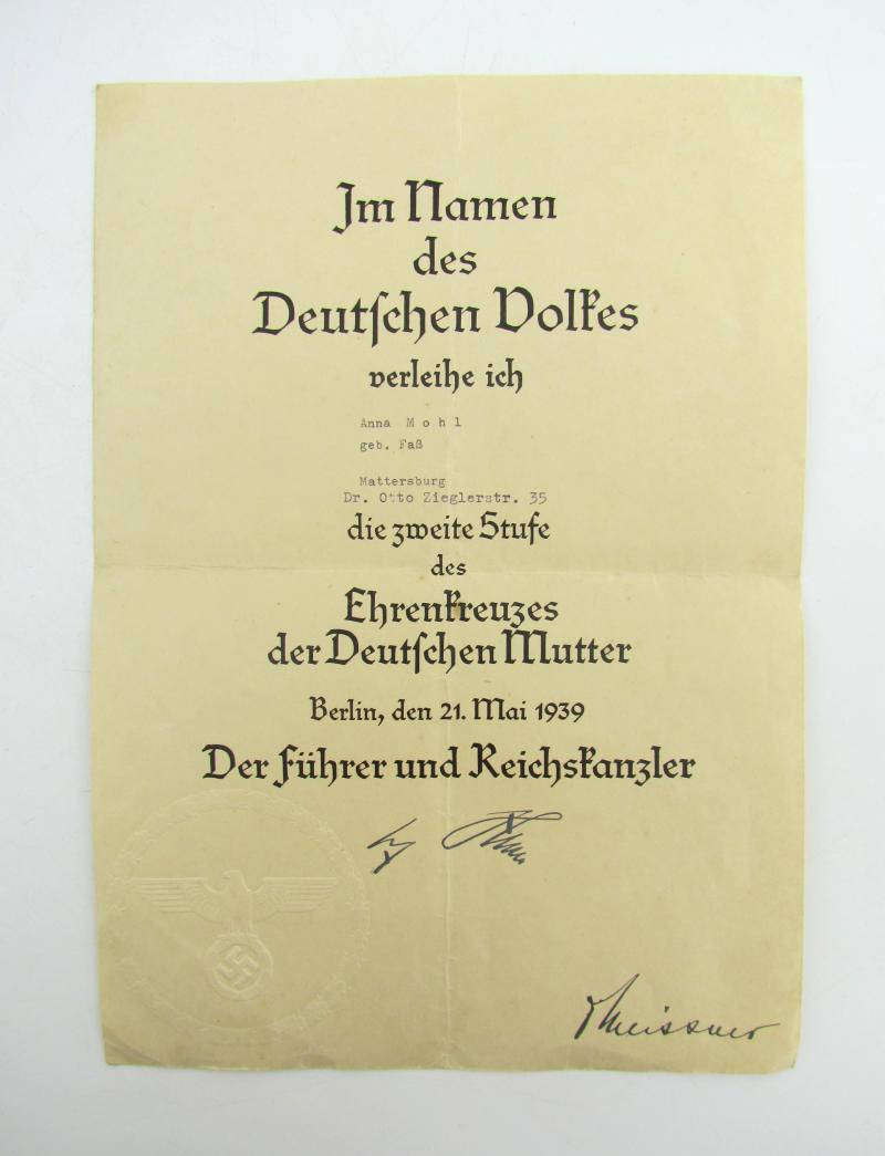 Mutterkreuz (Mother Cross) Silver Award Document