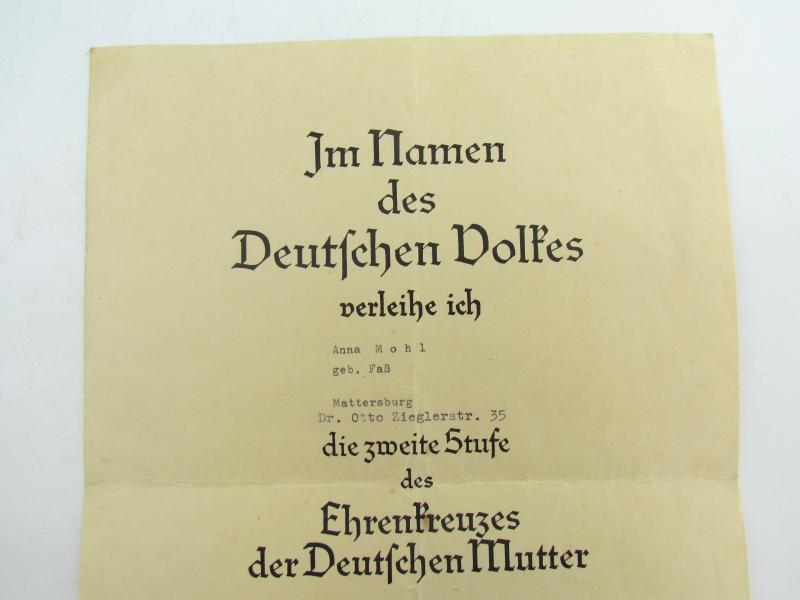 Mutterkreuz (Mother Cross) Silver Award Document